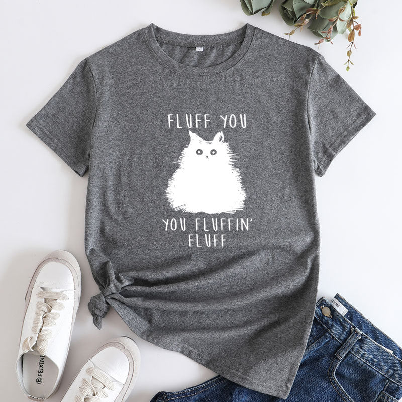 Large Size Cat Letter Printed Cotton Round Neck Short Sleeve T-shirt For Women