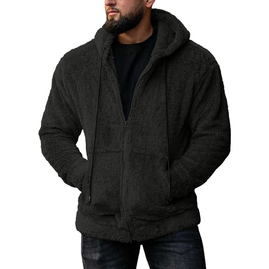 Men's Solid Color Plush Cardigan Hooded Jacket