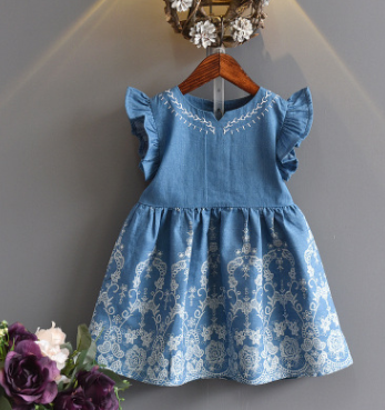 2021 Summer Children's Wear Girls Cowboy Embroidered Solid Color Princess Dress