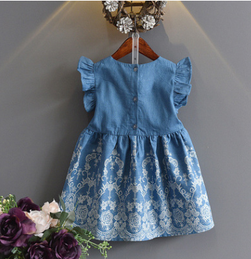 2021 Summer Children's Wear Girls Cowboy Embroidered Solid Color Princess Dress