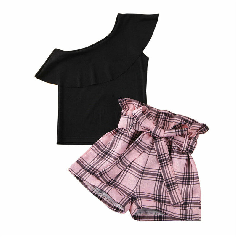 Girls One Shoulder Black Ruffle Tops Plaid Shorts