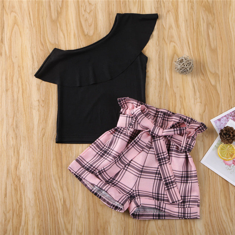 Girls One Shoulder Black Ruffle Tops Plaid Shorts