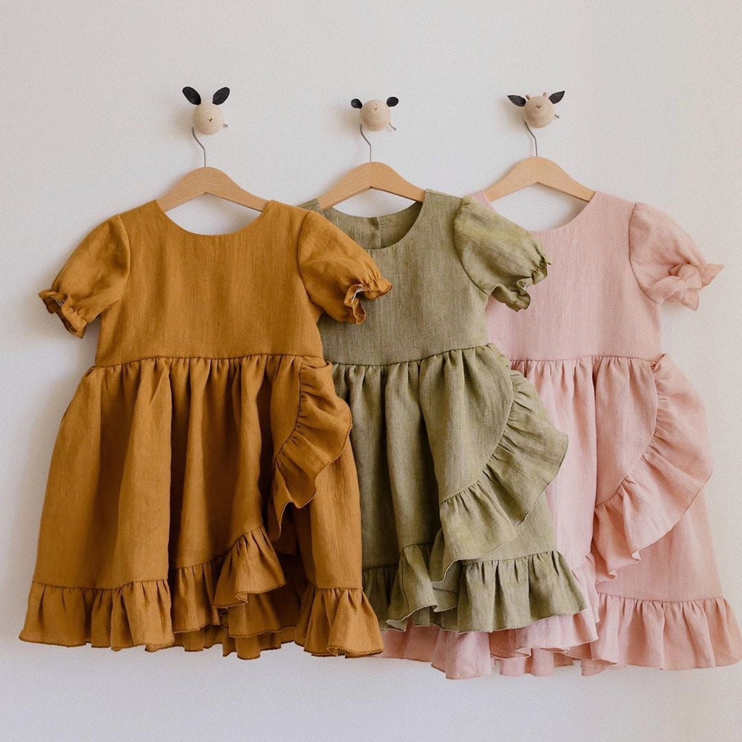 Girls' Dresses, Princess Dresses, Cotton And Linen Short-sleeved Ruffles