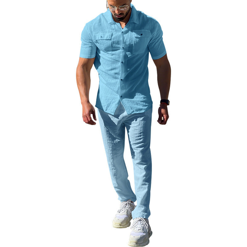 Summer Men's Short Sleeved Shirt Set Loose Casual Cardigan Shirt Pants