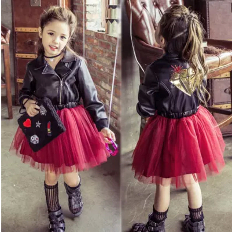 Girls Leather Dress Embroidered With Sequins Leather Children Princess Dress