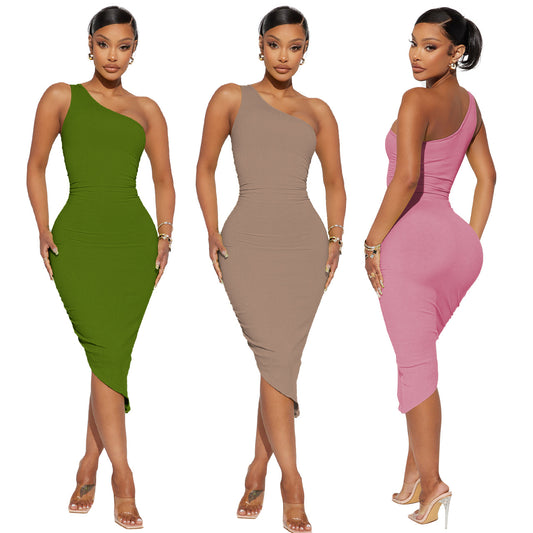 European And American Sexy Fashion Thread Oblique Shoulder Dress