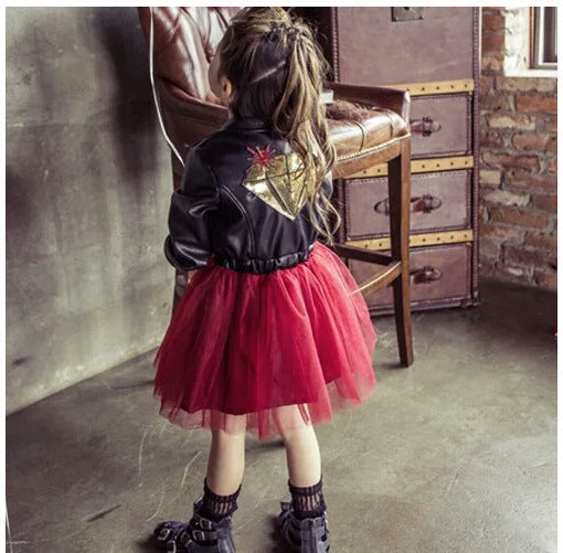 Girls Leather Dress Embroidered With Sequins Leather Children Princess Dress