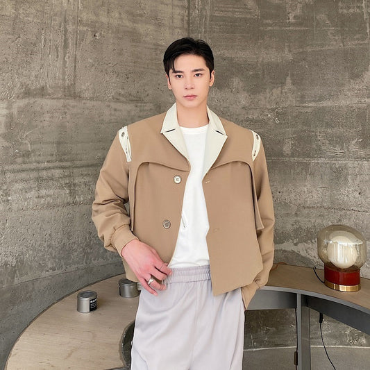 Short Splicing Color Contrast Suit Collar Jacket For Men