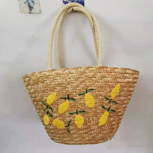 Woven Embroidered Pattern Lemon Mango Tote Shoulder Bag