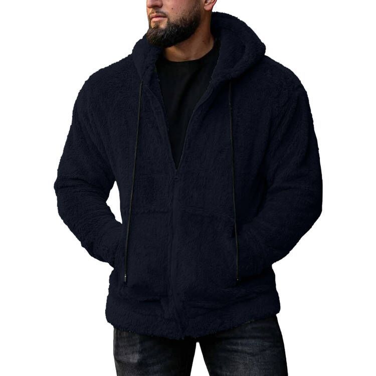 Men's Solid Color Plush Cardigan Hooded Jacket