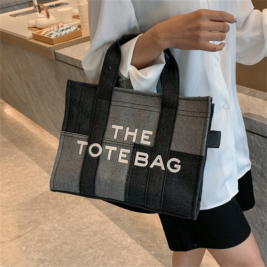 Women's Fashionable Simple Denim Color Contrast Patchwork Portable Tote Bag