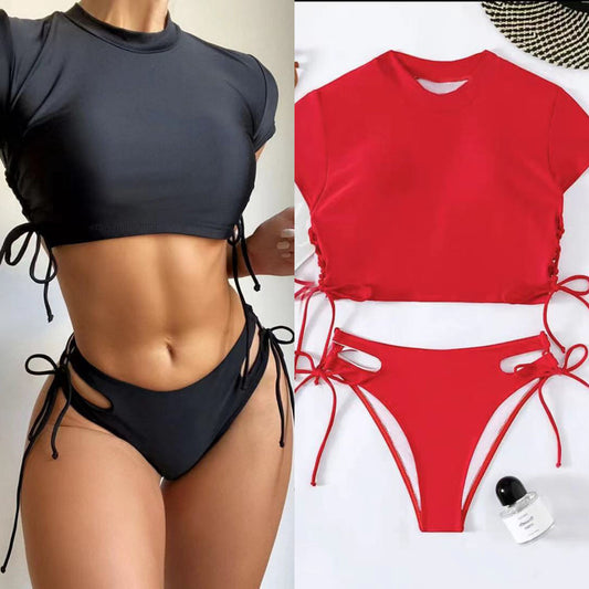 Women's Fashion Two-piece Solid Color Short Sleeve Swimsuit