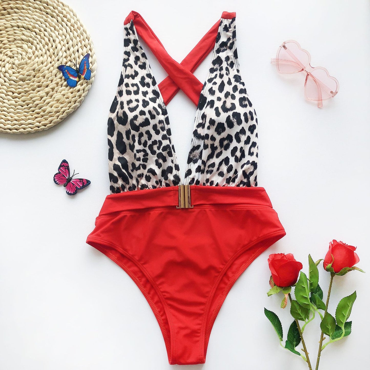 One-piece swimsuit color-block metal belt