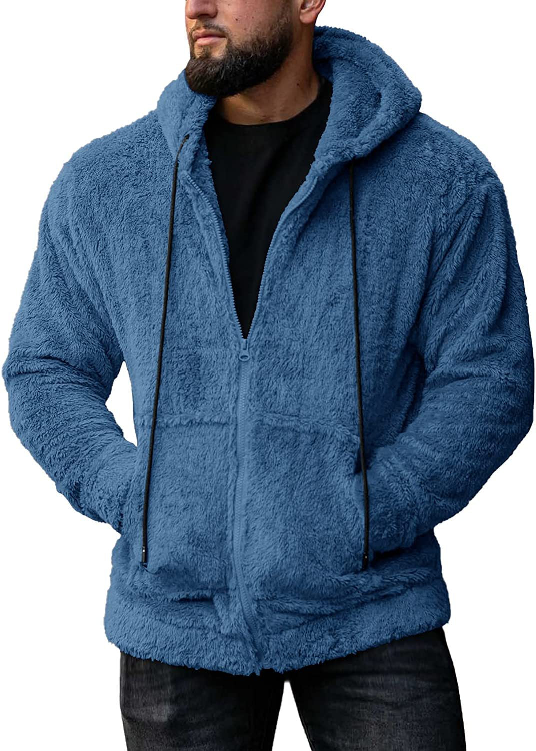 Men's Solid Color Plush Cardigan Hooded Jacket