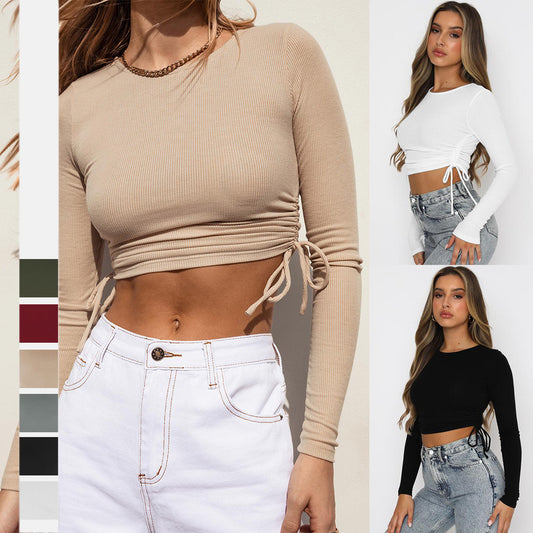Drawstring Round Neck Long Sleeve Cropped T-shirt Thread Top