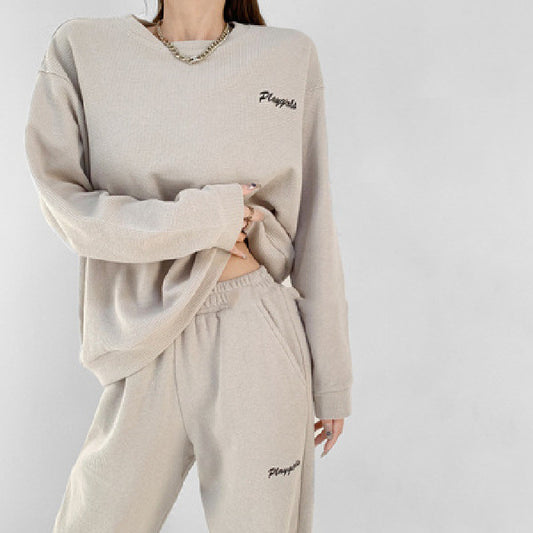 Waffle Casual Long Sleeve Crew Neck Sweater Slimming Track Pants Sports Suit