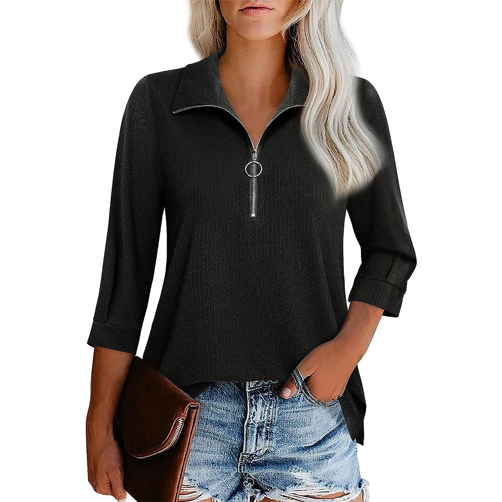 Three-quarter Sleeve Zipper Ladies' V-neck T-shirt Top