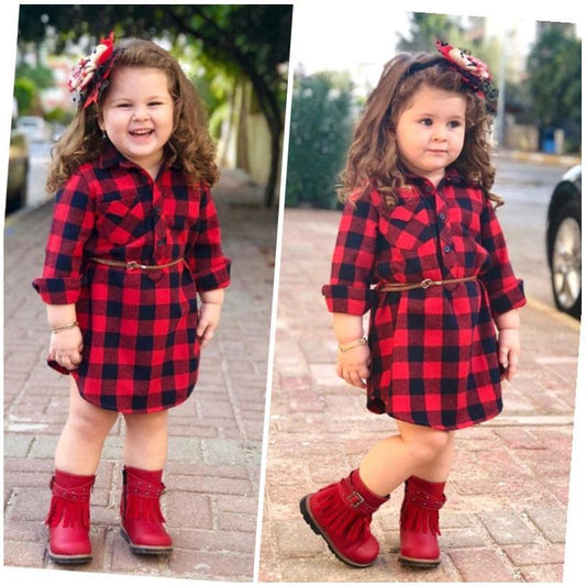 Fashion Girls Long Red Plaid Dress With Belt