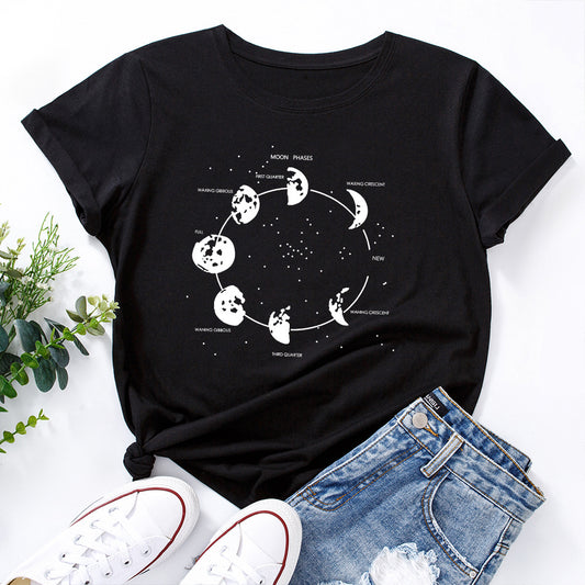 Cosmic Secret Print Loose Round Neck Short Sleeve T-Shirt Women