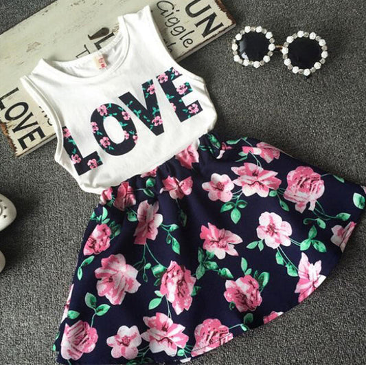 Girls Alphabet Flower Sleeveless Vest  Floral Short Skirt 2-Piece Set