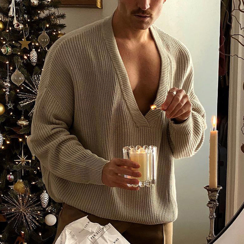 Men's Fashion Casual V-neck Pullover Loose Sweater