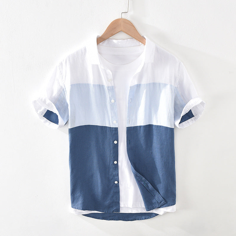 Men's Patchwork Linen Short Sleeve Shirt