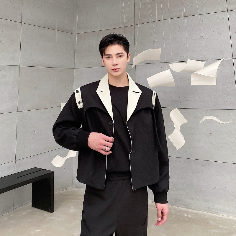 Short Splicing Color Contrast Suit Collar Jacket For Men