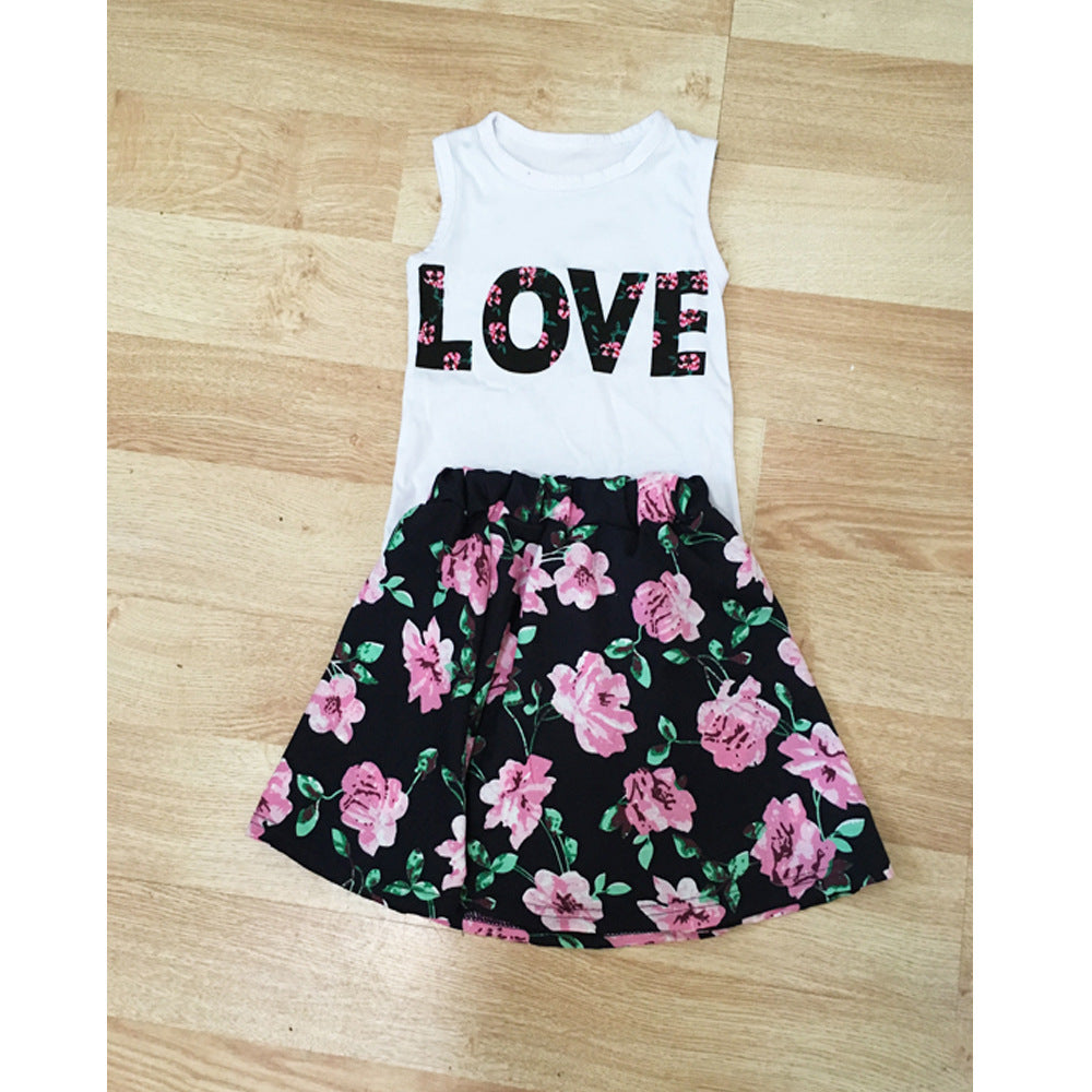 Girls Alphabet Flower Sleeveless Vest  Floral Short Skirt 2-Piece Set