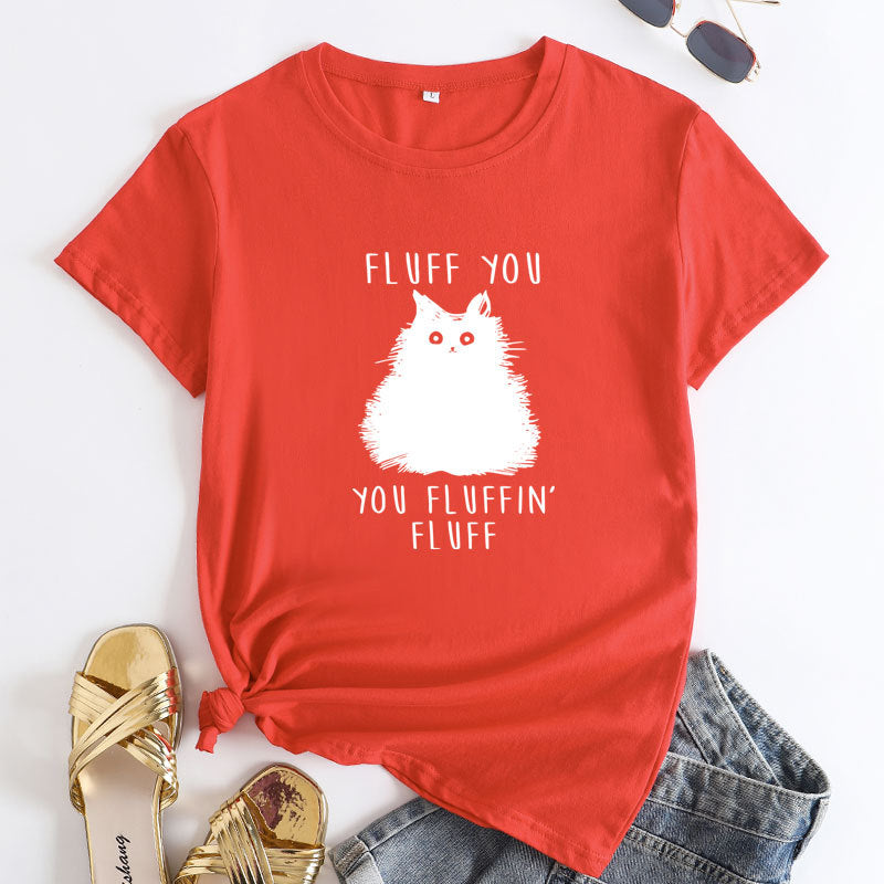 Large Size Cat Letter Printed Cotton Round Neck Short Sleeve T-shirt For Women